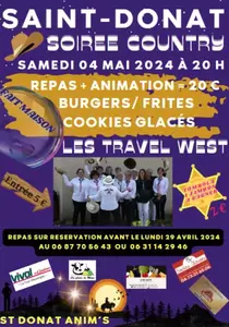 soirée country LES TRAVEL WEST le 4 mai à 20h repas + animation 20€ burgers/frites coockies maison